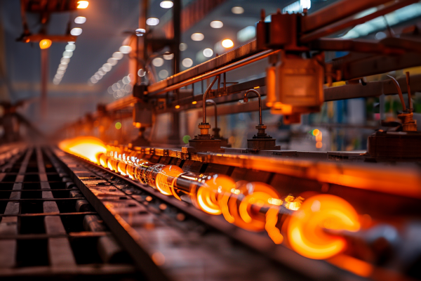 Picture of a glass manufacturing plant with molten glass bottles on it